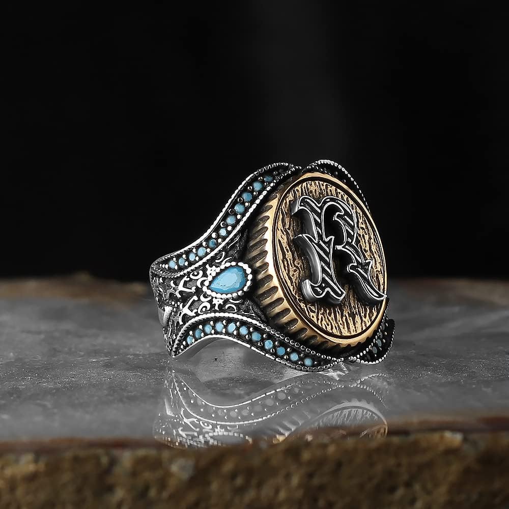 Handmade Personalized Men Silver Ring 925 Solid Sterling Silver Turquoise Stone Men's Ring Handcrafted Customizable Letter Ring Monogram Silver Ring