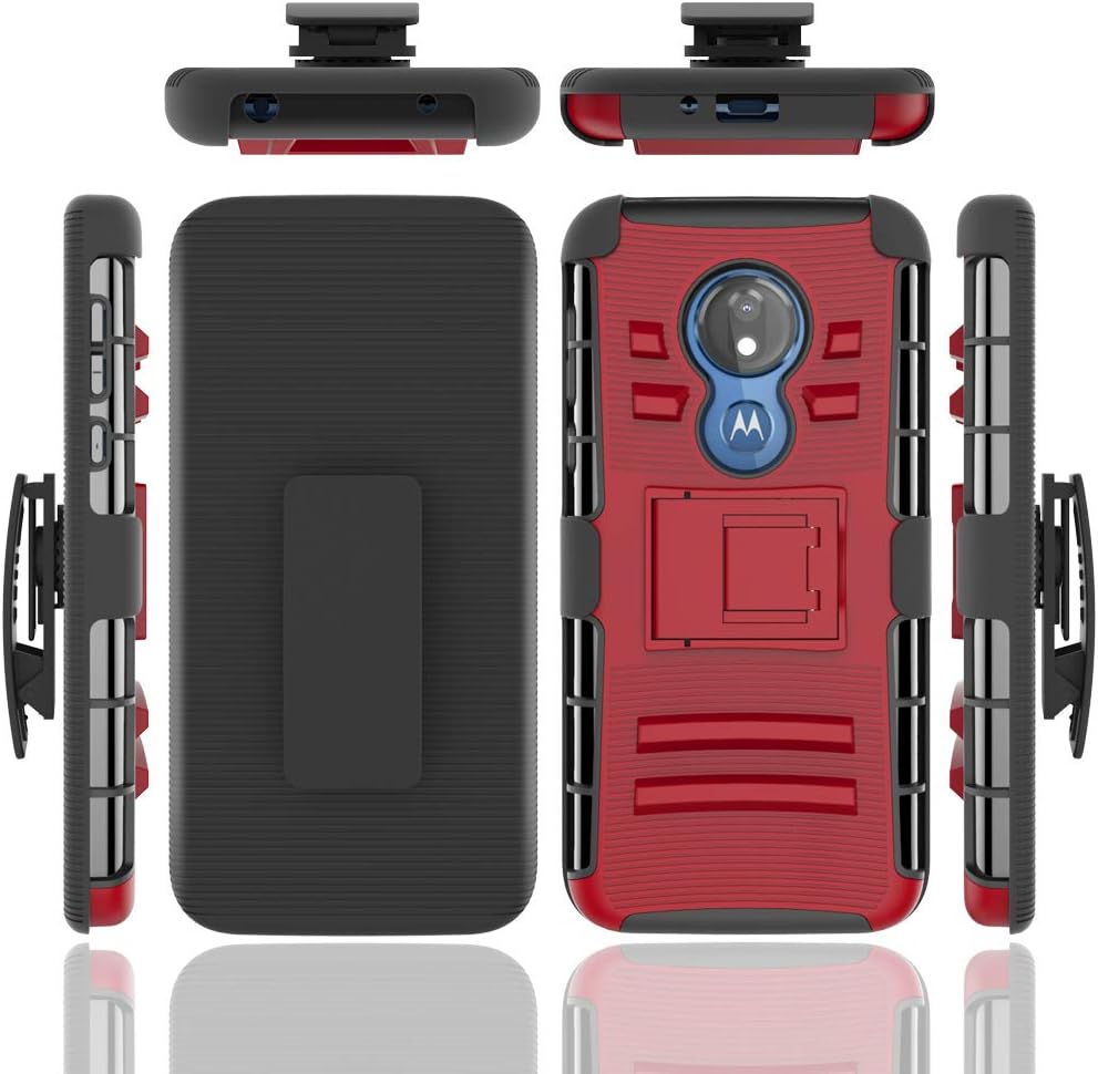 Moto G7 Power Case, Moto G7 Supra Case, ChangeJ Case with Tempered Glass Screen Protector Holster Belt Clip Amor Case for Motorola Moto G7 Power/Supra - Red