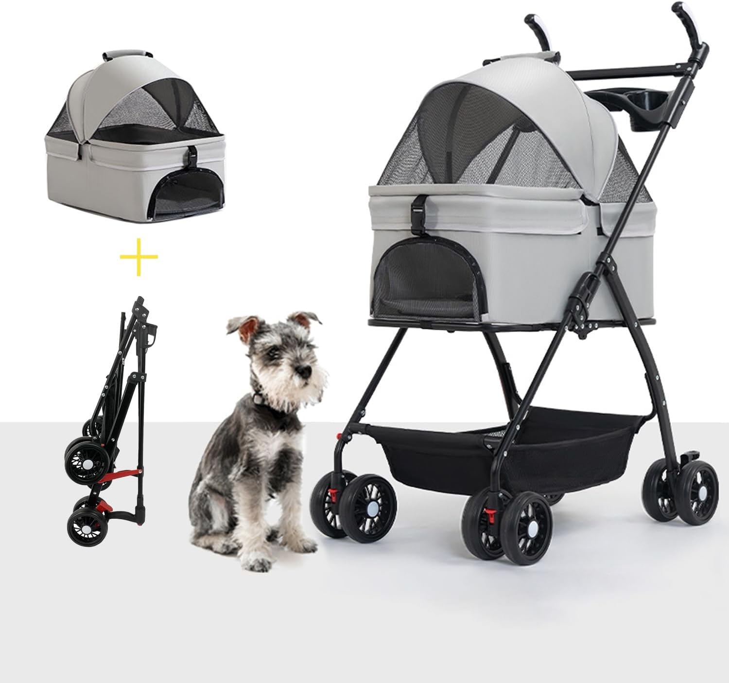 INGUNAR 3-in-1 Dog Stroller with Removable Carrierr for Small to Medium Dogs,One-Click Folding Lightweight Pet Stroller for 2 Cat, No Zip Entry, Pump-Free Universal Wheel, Multiple Pockets