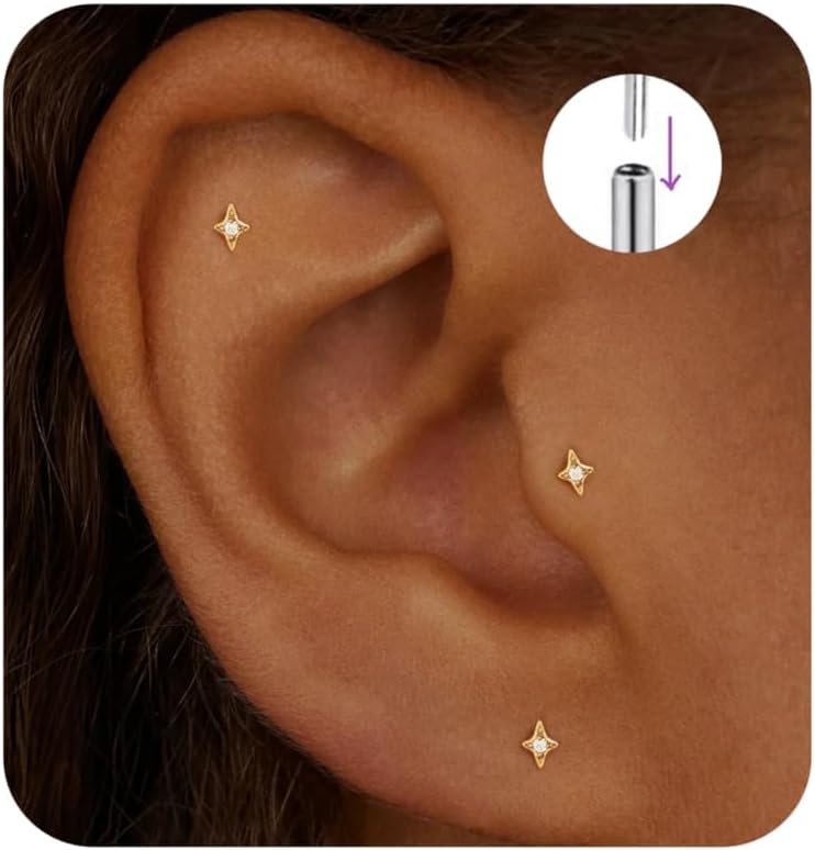 Flat Back Stud Cartilage Tragus Helix Nose Piercing Earrings Jewelry For Women Conch Threadless 18G Titanium Surgical Steel Hypoallergenic 14K Gold plated CZ Silver Small Tiny Studs
