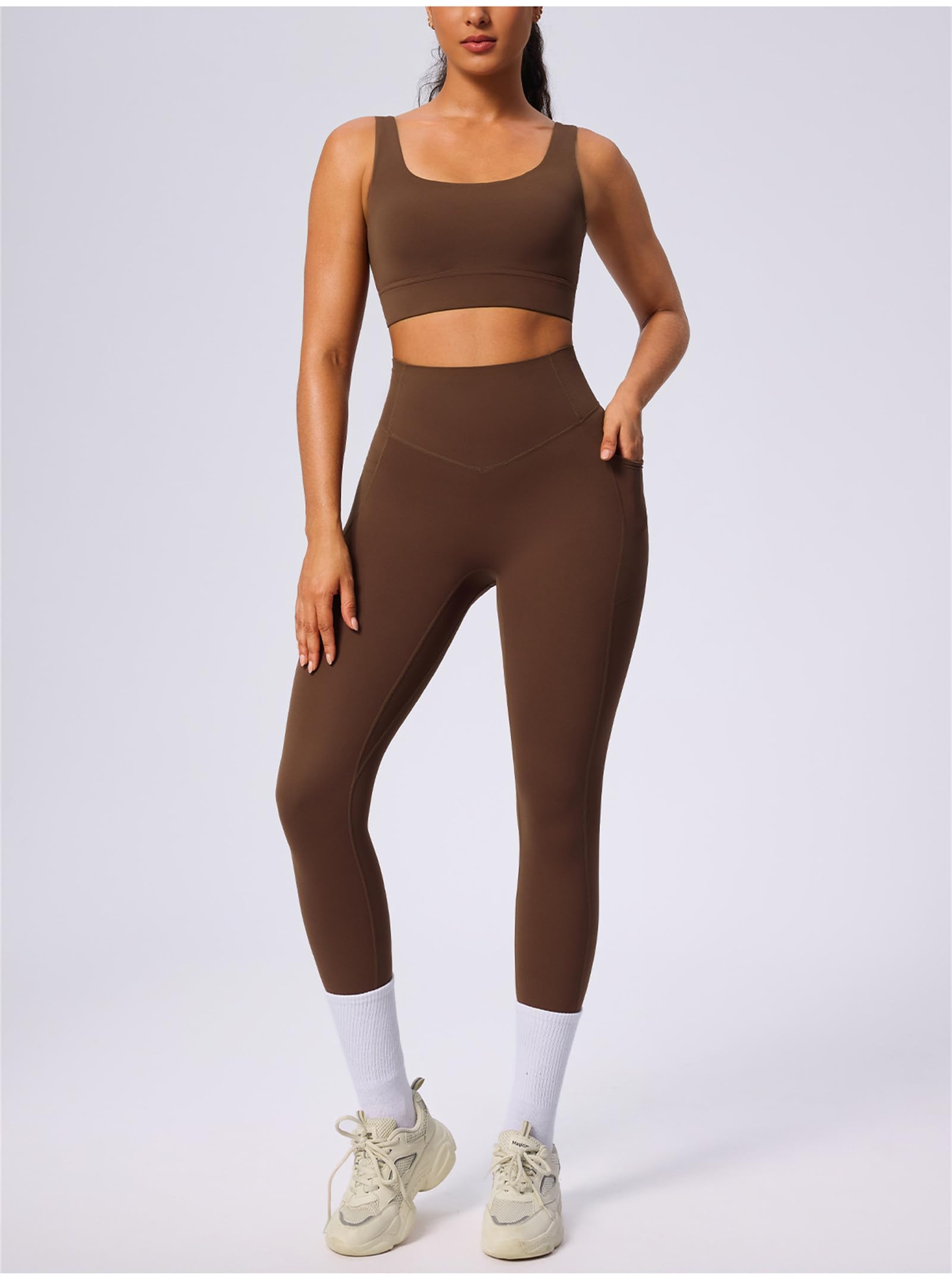 Ensemble d'entraînement 2 pièces pour femme avec soutien-gorge de sport rembourré et col carré pour le yoga, la gym, les débardeurs, les pantalons avec poches