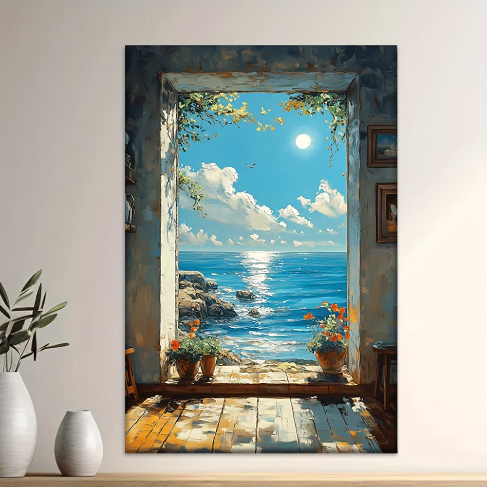 IHHGNB Modern Abstract Ocean Window View Frameless Canvas Painting Minimalist Wall Art Prints for Office Living Room Wall Decor(50x70cm(20x28in)/No frame)