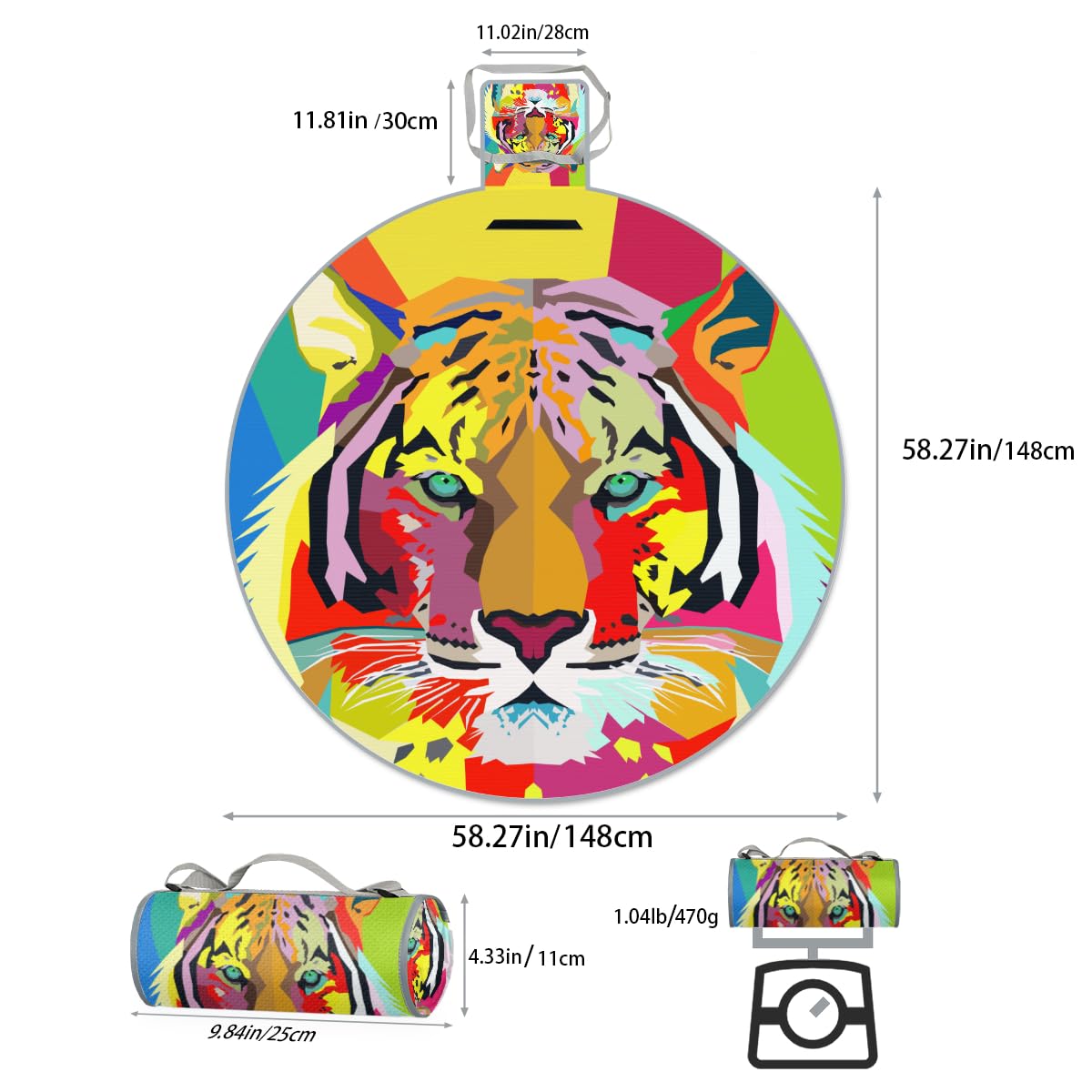 Shimoshe Colorful Tiger Picnic Outdoor Blanket Foldable Waterproof Sandproof Beach Blanket Portable Water-Resistant Round Picnic Mat for Travel Camping Park Lawn