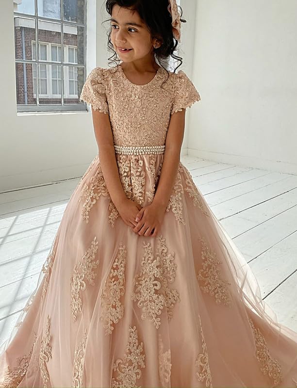 Girl's Lace Appliques Flower Girl Dress with Sleeves Bow-Knot Princess Pageant Dresses Ball Gown4