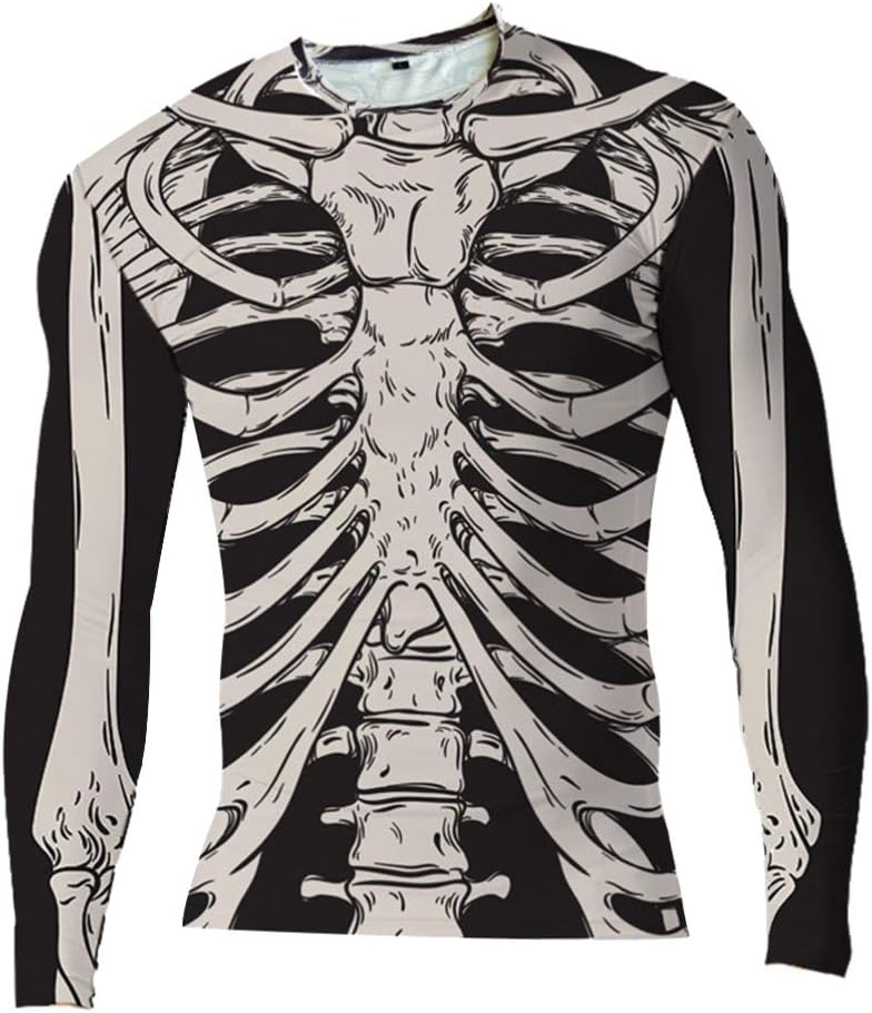 Luxshiny Halloween Mens Long- Sleeved T- Shirt Size XXL Slim Round Neck Shirt 3D Three- Dimensional Skeleton Printed Shirt Skeleton Top Halloween Costume for Men