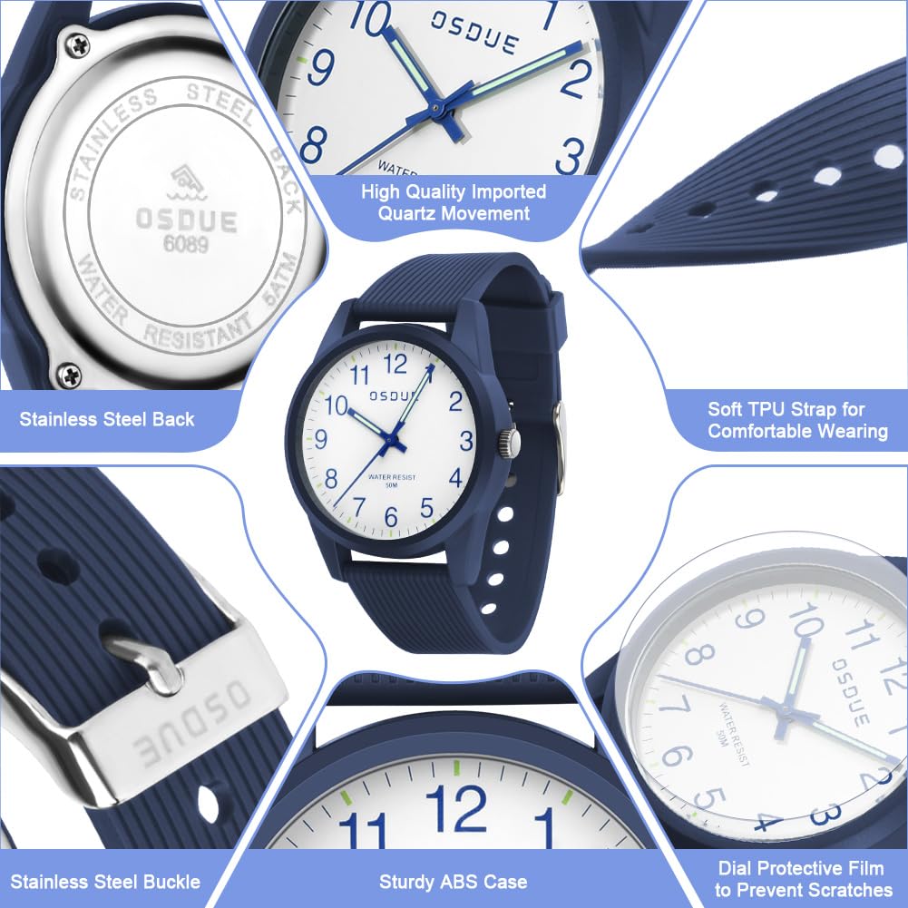 OSDUE Reloj para NiñOs, 5ATM/50M Impermeable Fácil de Leer Relojes de Pulsera con Correa Suave, Reloj de Pulsera Analógico para Niños Niñas Regalo de CumpleañOs para 4-18 Años