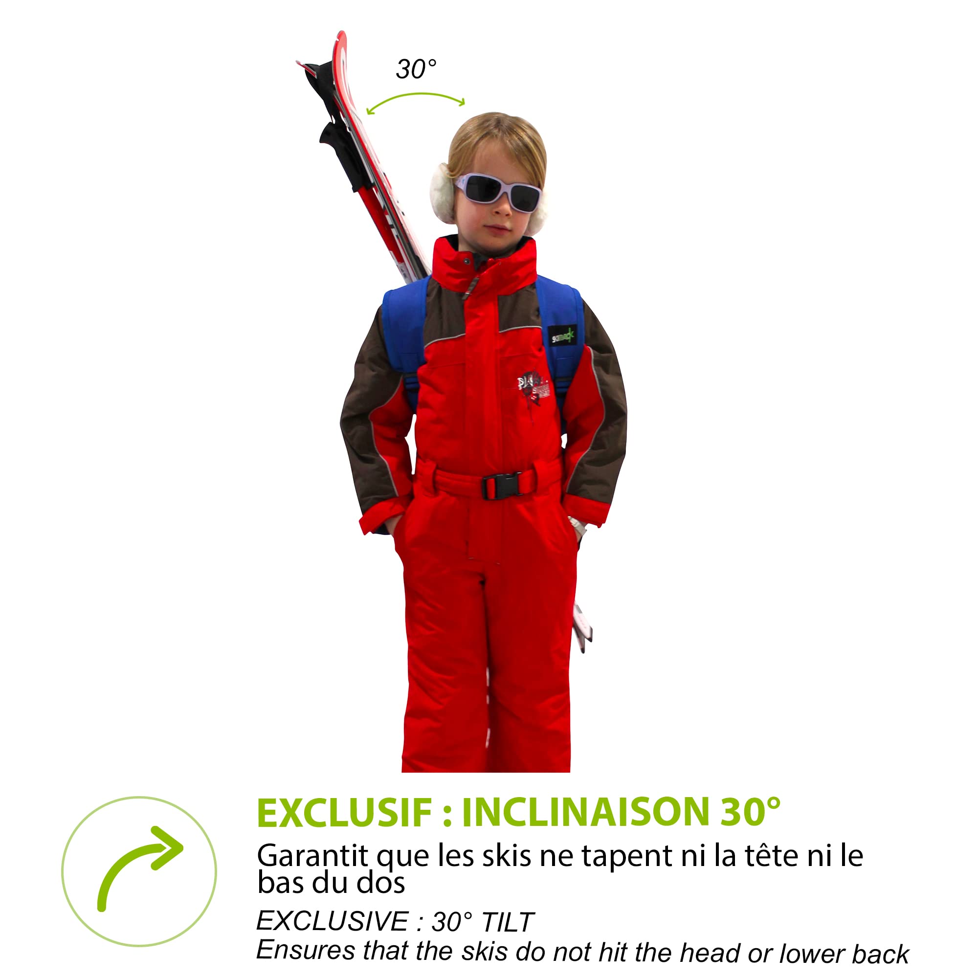 Wantalis - Skiback Kid - Un Produit révolutionnaire pour Porter Vos Skis en libérant Vos Mains - Bretelles adaptables et réglables - Taille Enfant 1m30 Maxi