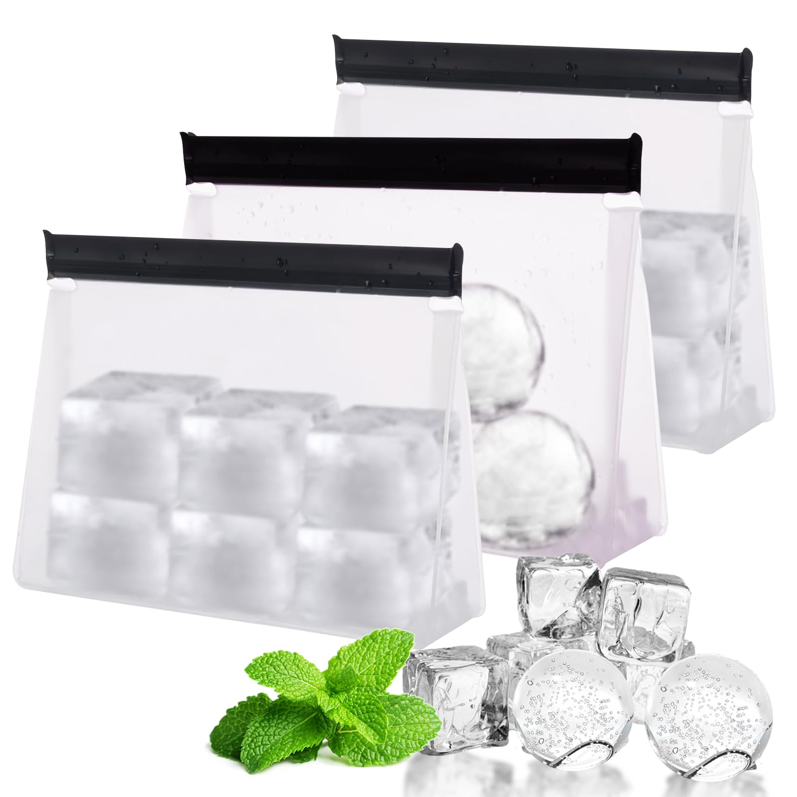 3 Pcs Reusable Ice Storage Bags, Clear Freezer Bag Set with Secure Sealing Zippers Design,10”x7.2”x2.7” Storage for Ice Cubes and Ice Balls,Leakproof