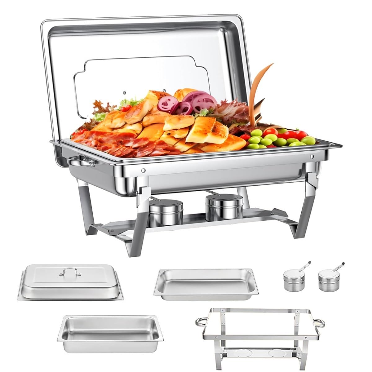Chafing Dish Buffet Server Set 11L, Catering Serving Food Warmer Tray, Stainless Steel Serve Chafer Heater with Lid & Food Pan, Foldable Cooked Food Holding Stove for Party Restaurant Hotel Commercial