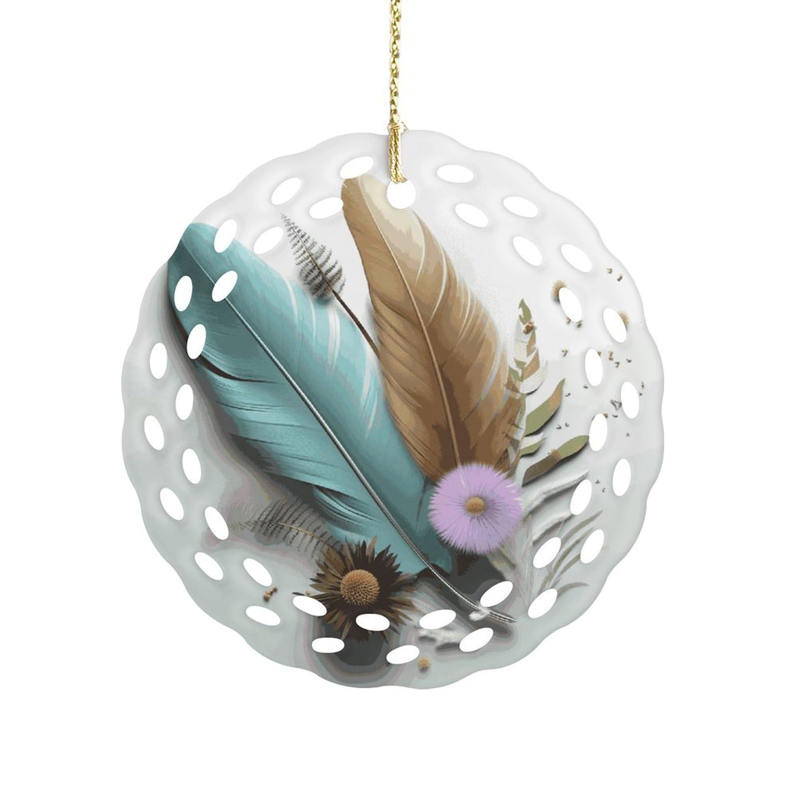 Fodpand Women's Style Feather Flower Ceramic Ornament For Home Decor 3.2" Round Tree Decoration Christmas Ornaments For Men Double-Sided Design