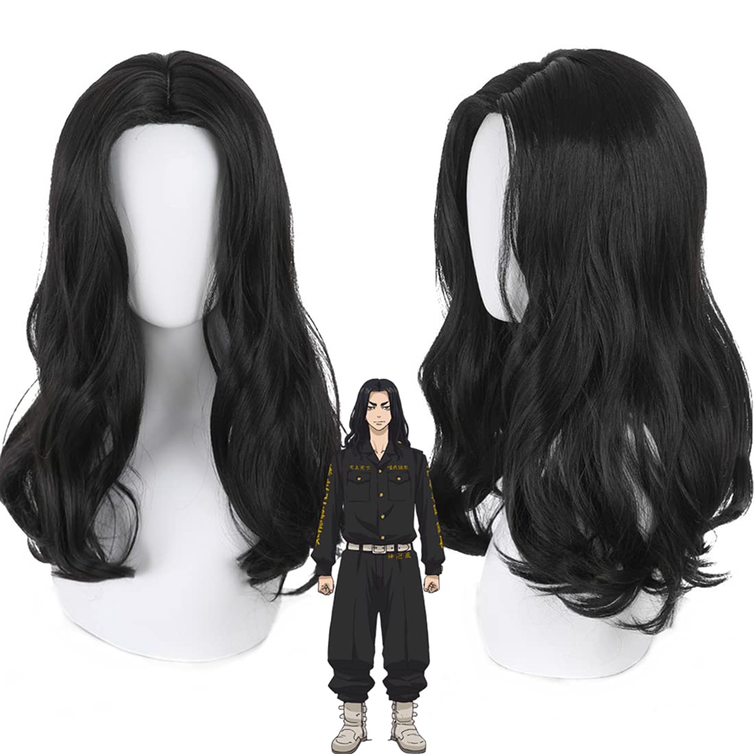 Liamiona Cosplay Wig Natural Black Long Curly Heat Resistant Hair Anime wig for Halloween Party + wig cap