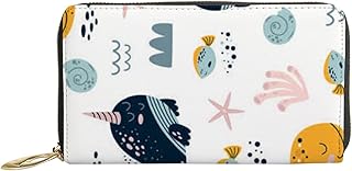 Carteiras femininas de couro genuíno baleias estampa de animais marinhos porta-cartão de crédito estojo com zíper organizador de embreagem de couro feminino bolsa longa de viagem, Padrão de baleias e animais marinhos, 7x4.3x0.8 Inches