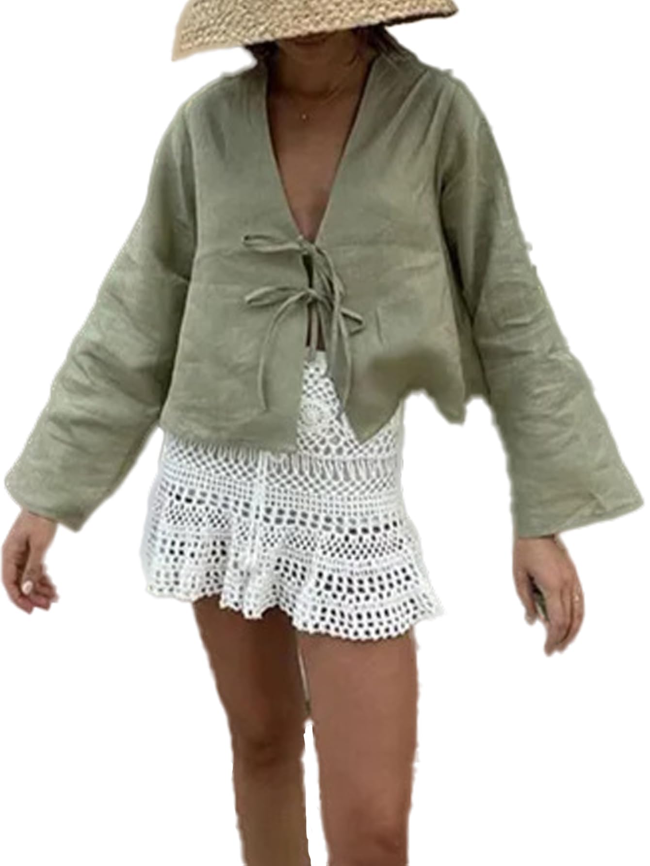 Chvity Tie Front Tops for Women Y2K Linen Shirts Flare Sleeve V Neck Going Out Coquette Clothes Casual Lace Up Bow Blouses