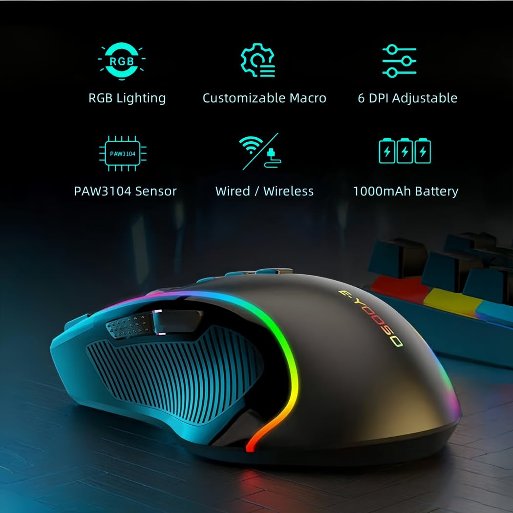 Niceon Wireless Gaming Mouse RGB Backlit, Rechargeable, 9 Programmable Buttons, Ergonomic Mouse for PC Laptop Gamer