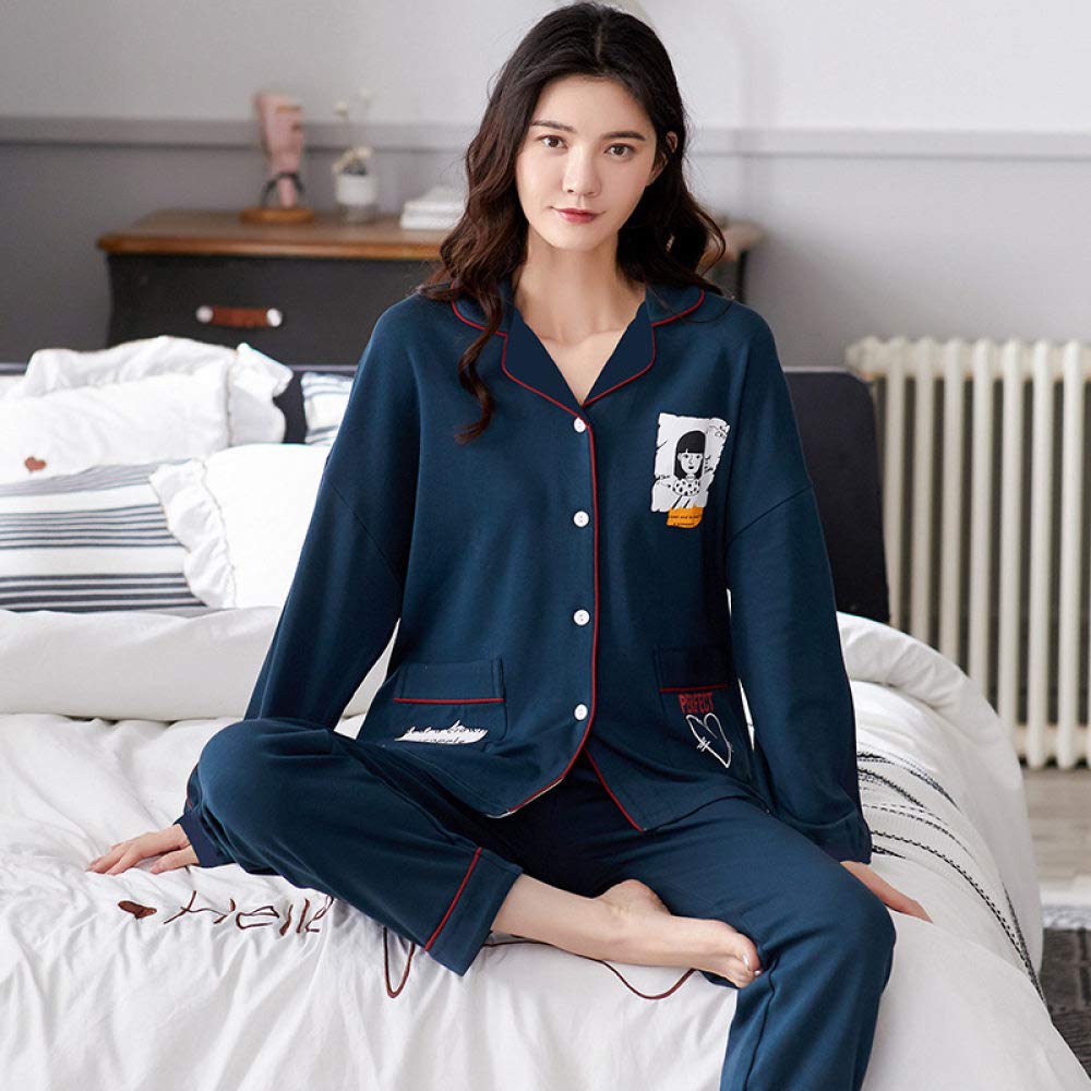 YUHOOE Conjunto De Pijamas De Mujer,Algodón Suave Lindo Estampado con Botones Conjunto De Pijama Ropa De Dormir De Manga Larga Tops Y Bottom Pjs Set Nightwear Loungewear para Damas,Azul Marino,M