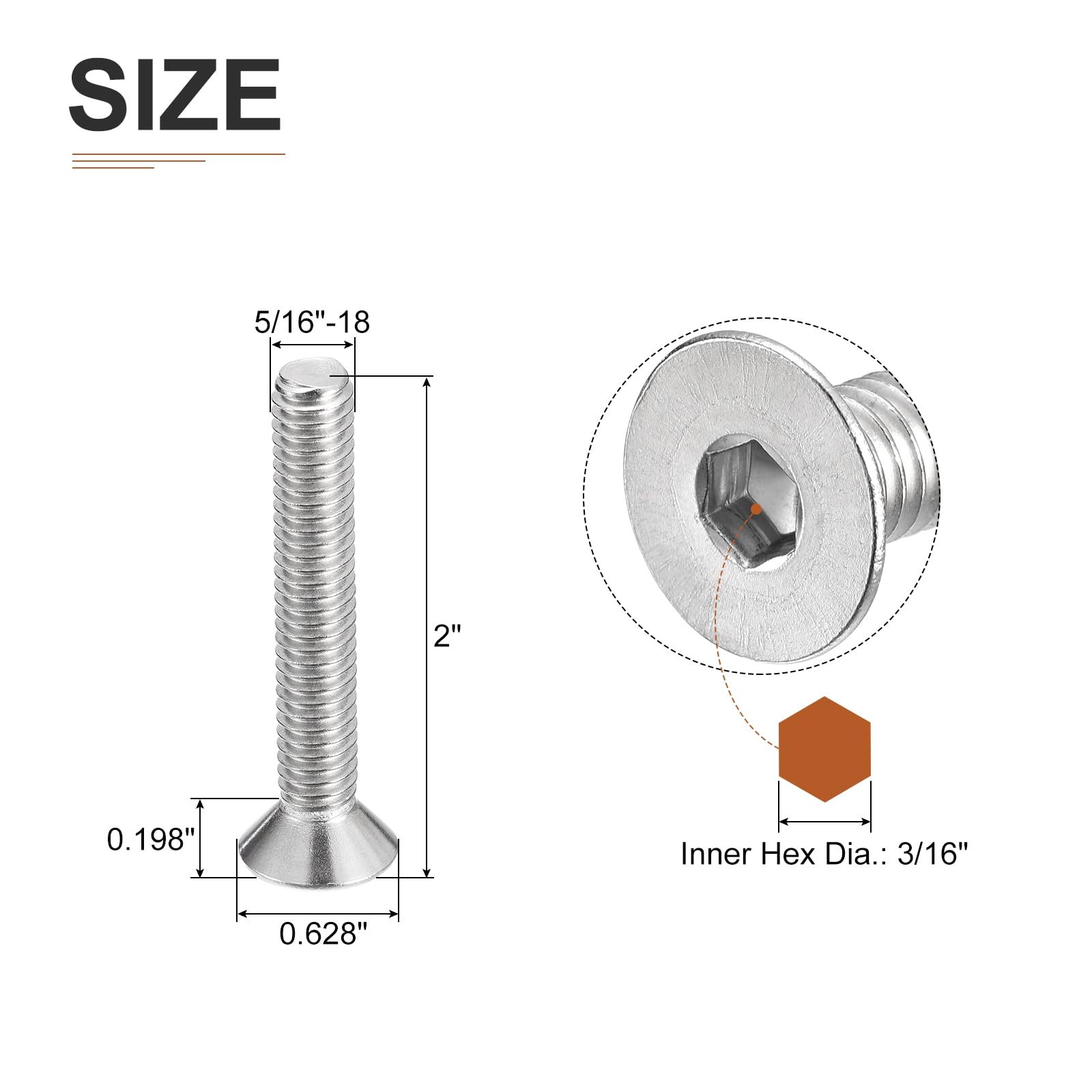 DTGN 5/16-18 x 2" Flat Head Socket Cap Screws, 10 Pack 304 Stainless Steel Hex Socket Flat Head Screws, Full Thread, Countersunk Bolts - Image 2