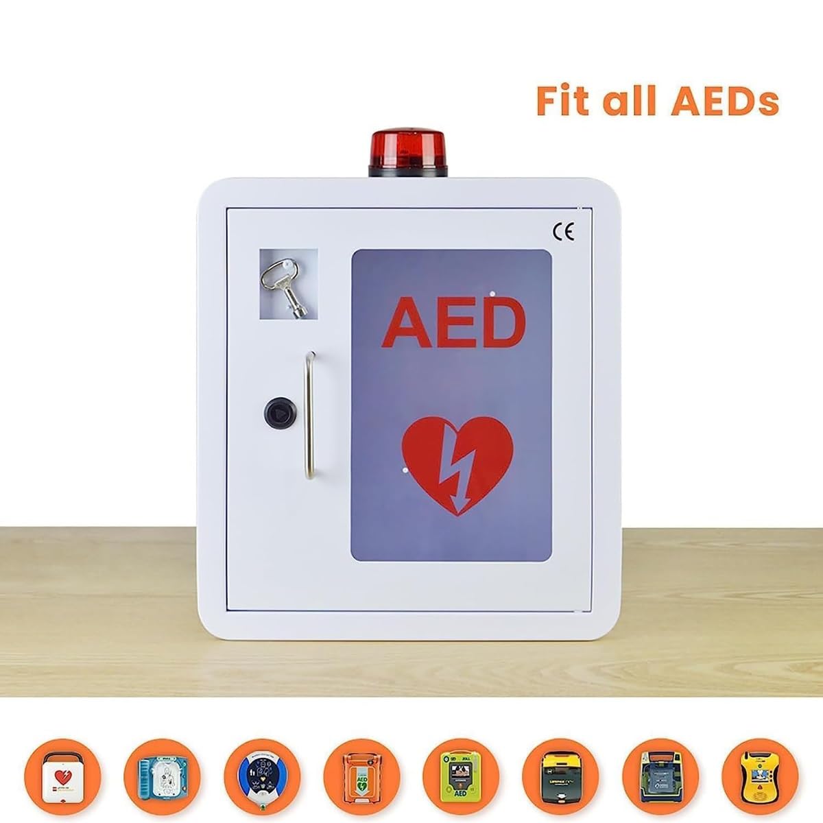 An der Wand montierter AED-Aufbewahrungsschrank,AED-Defibrillator-Wandschrank,Defibrillationsalarmbox,Erste-Hilfe-Schrank, mit transparentem Fenster und Schlüssel,blinkendem Alarmlicht,for Home-Office