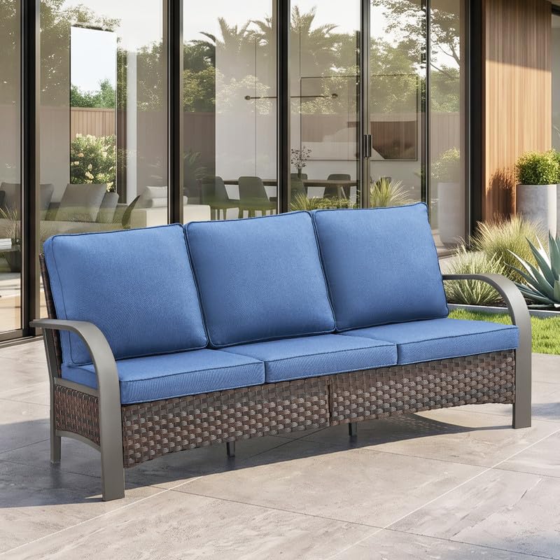 Image of Rilyson 3 Seat Outdoor Wicker Couch, Rattan Patio Sofa with Blue Cushions | Metal Armrest, High Back and Deep Seating, Water-Resistant, Fade-Resistant, Removable Cover, Stain-Resistant