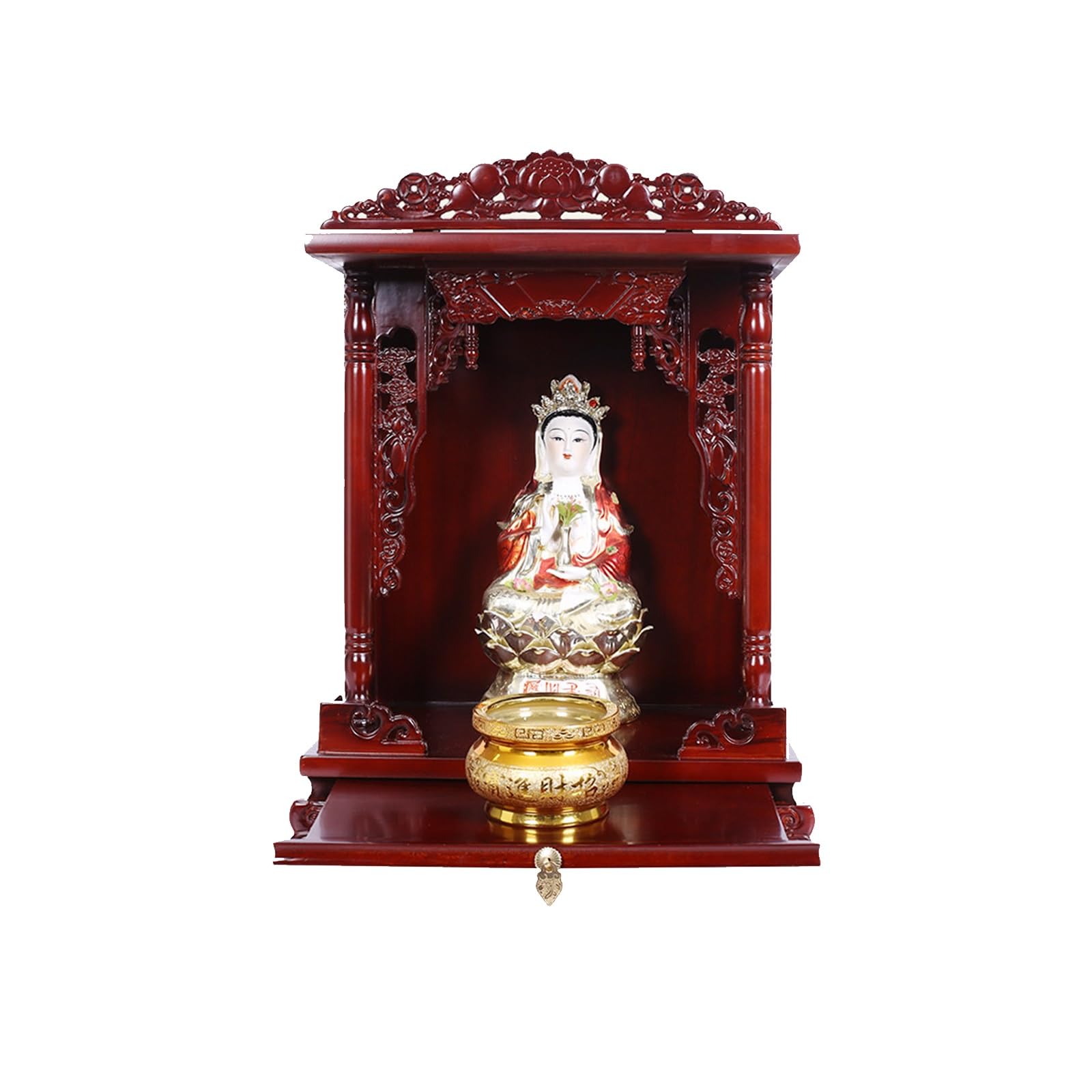 JNTFNE Wall Mounted/desktop Wood Buddhist Altar,Household Shrine Meditation Table, Pooja Statue Display Cabinet，with Drawer For And Incense Tribute(Rosewood,Medium)