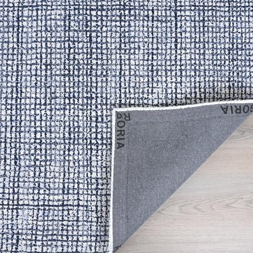 Image of Hand-Tufted 100% Wool Pile Area Rug - Geometric Textured Grid Check Pattern - Thick and Durable Floor Carpet for Bedroom, Living Room, Kids Room, and Dining Area (Navy Blue, 5' x 5')