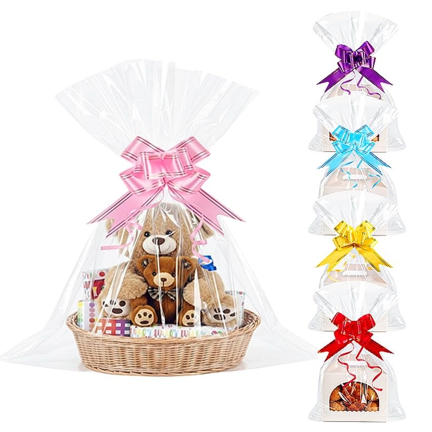 Lot de 20 Grands Sacs Cadeaux en Cellophane Transparent - 50 x 60 cm - Film Panier Cadeau Transparent avec 20 Nœuds à Tirer pour Paniers, Fleurs, Mariage