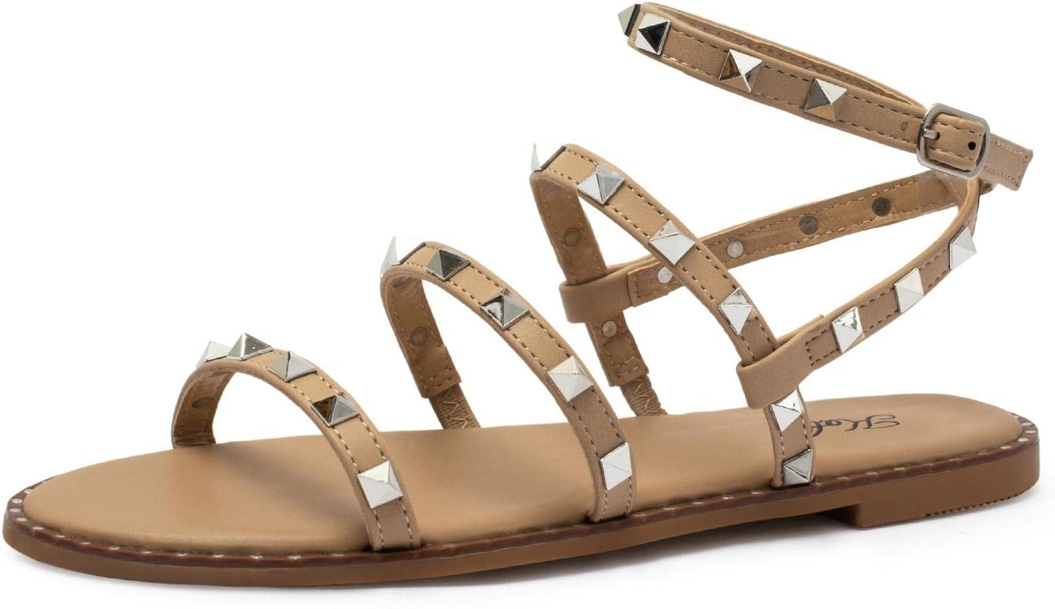katliu Women's Flat Sandals Strappy Studded Sandals Gladiator Sandals with Ankle Strap