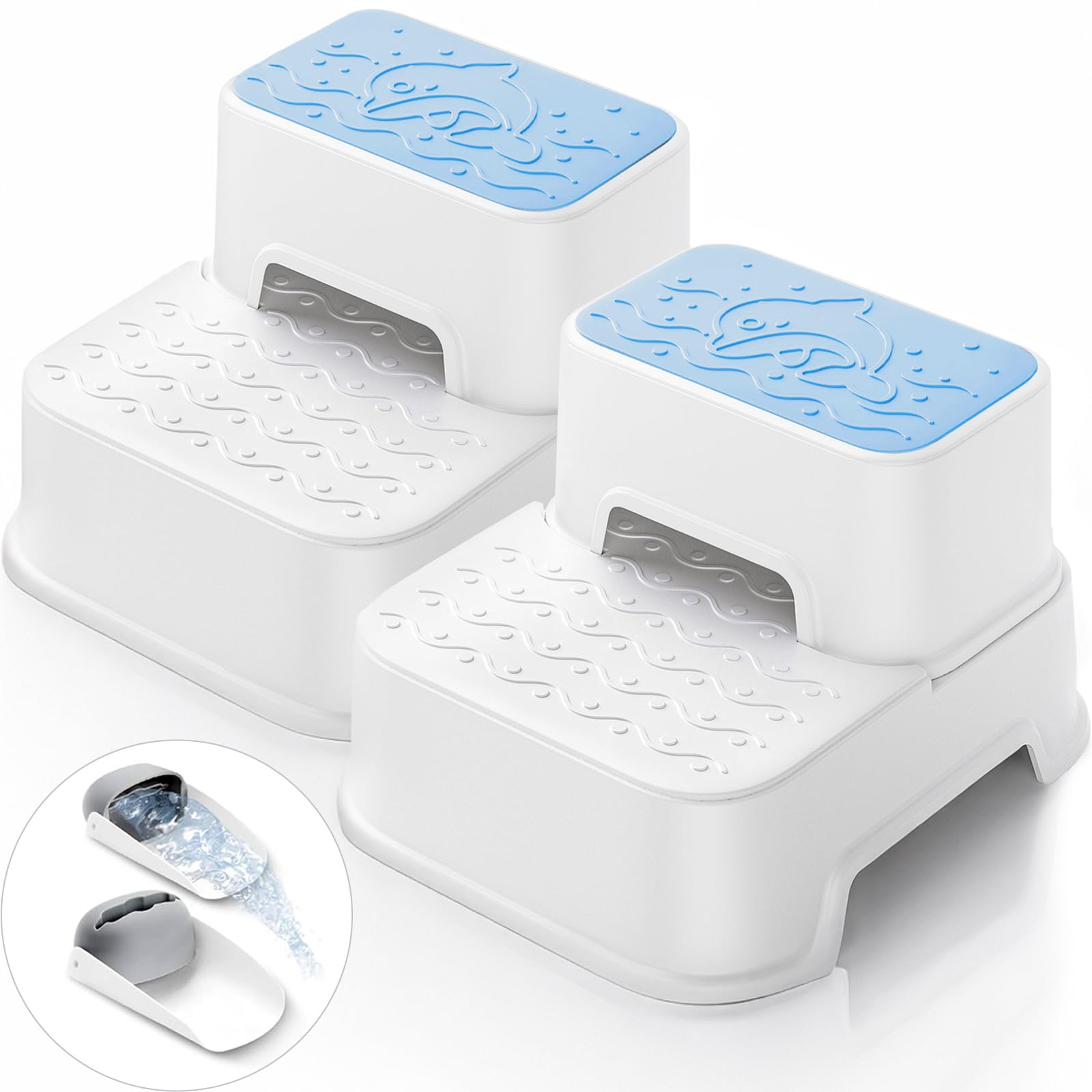 MangoHood Taburetes de 2 escalones para niños – Taburete multifuncional para inodoro para niños, taburete antideslizante para fregadero de baño, entrenamiento de orinal, cocina (azul-2 paquetes)
