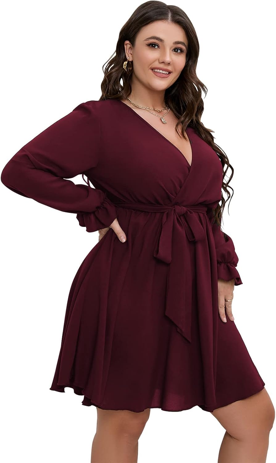 SCOMCHIC Women's Plus Size Long Sleeve Wrap V Neck Tie Waist A Line Mini Dress - Image 4
