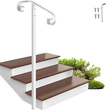 Non-Drilled Handrail Railing, In-Ground Single Post Handrail, Wrought Iron Stair Handrail Grab Rail for Steps Porch,Sturdy Outdoor Handrails, Long Post Fits 1 or 2 Steps, White