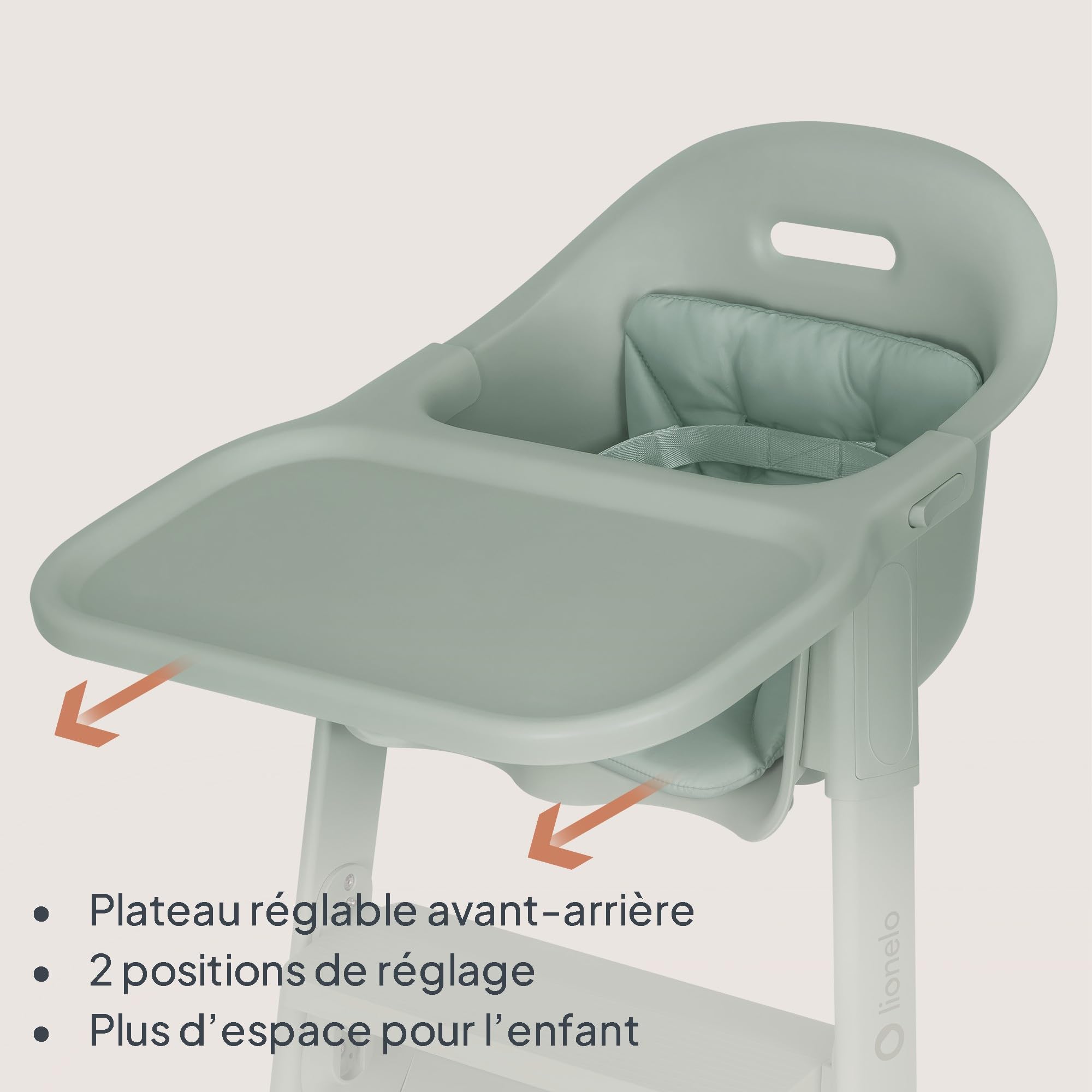 Lionelo Beny Chaise Haute Bébé 6-36 Mois, Tablette Réglable, Jusqu’à 15 kg | Repose-pieds réglable à 1 main sur 2 niveaux, harnais 3 points, insert confortable, nettoyage facile, Vert Sauge