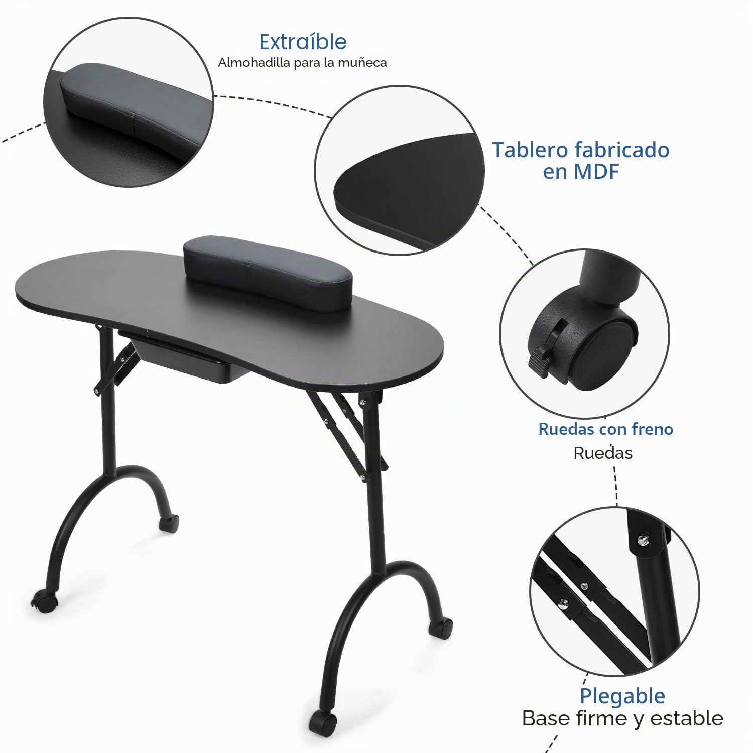 Hebitod - Mesa de manicura, plegable, portátil, con cajón, ruedas y bolsa de transporte, mesa de salón de uñas portátil para casa y estudio, color negro