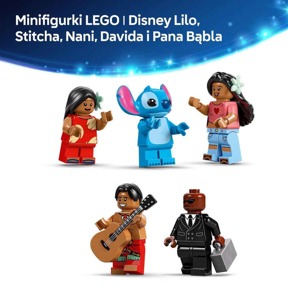 LEGO ǀ Disney Domek na plaży Lilo i Stitcha, Zabawka Konstrukcyjna dla Dziecka, dla 9-latka i Starszych Fanów Disneya, Prezent dla Dziewczynki i Chłopca, Zestaw z Filmu z 5 Minifigurkami 43268
