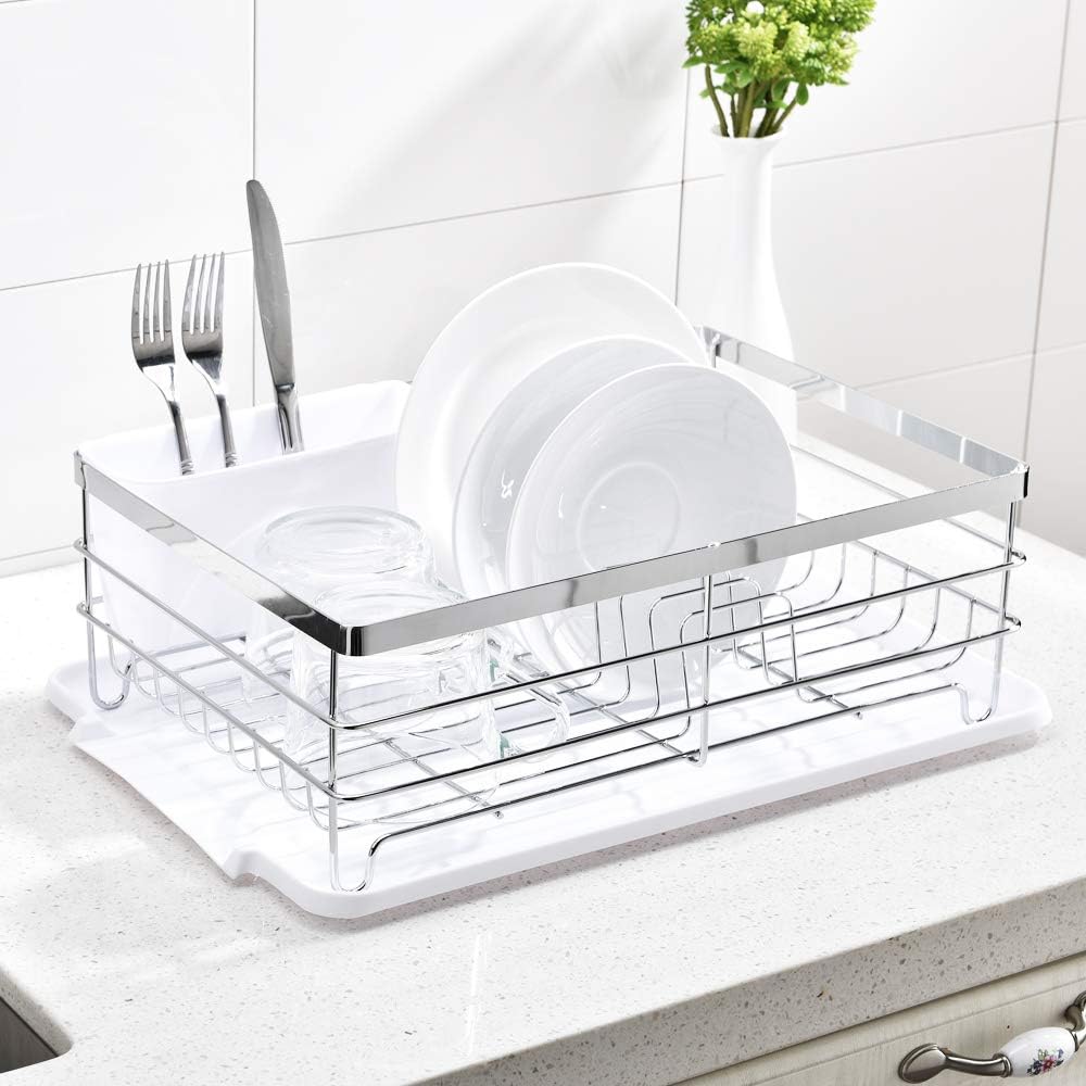 Sturdy Kitchen Sink Side Draining Chrome Stainless Steel Dish Rack,Dish Drying Rack White Drainboard