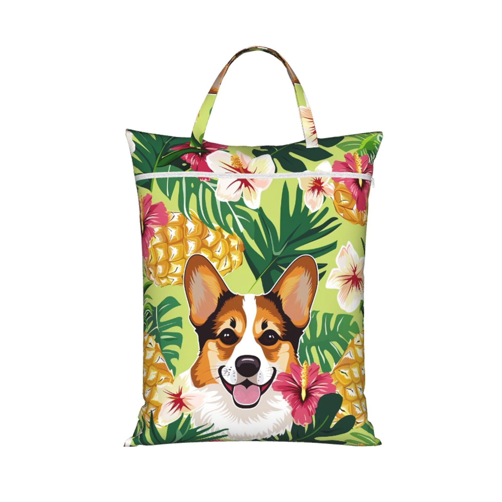 Large Travel Laundry Bags,Corgi Hawaiian Tropical Summer Pineapple Print with Handle Foldable Laundry Bag for Holidays Gym Swimming and Family Trips, 1Pcs