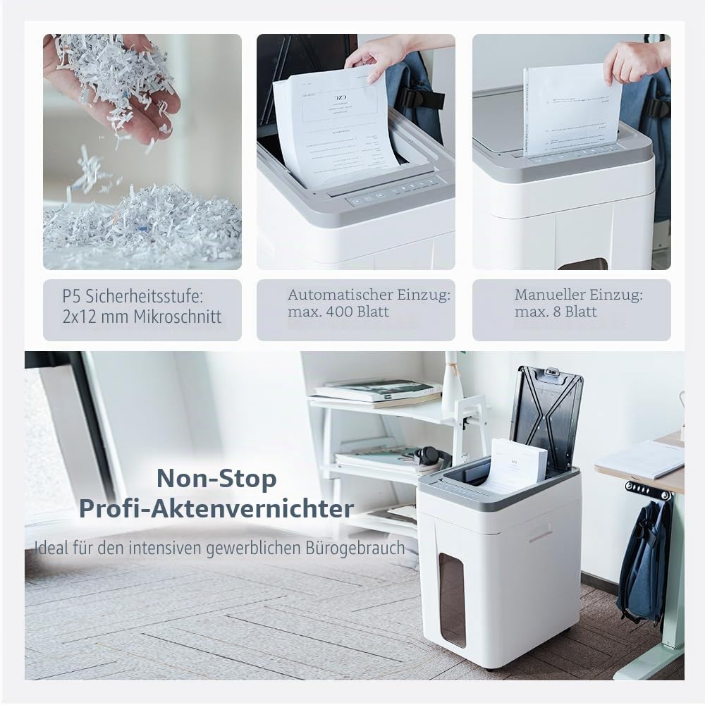 Aktenvernichter Automatischer Einzug 400 Blatt P5 Mikroschnitt | Profi Schredder für Papier Kreditkarten - 2x12mm Büro Haushalt Zuhause Großraumbüro Gewerblich Schulen