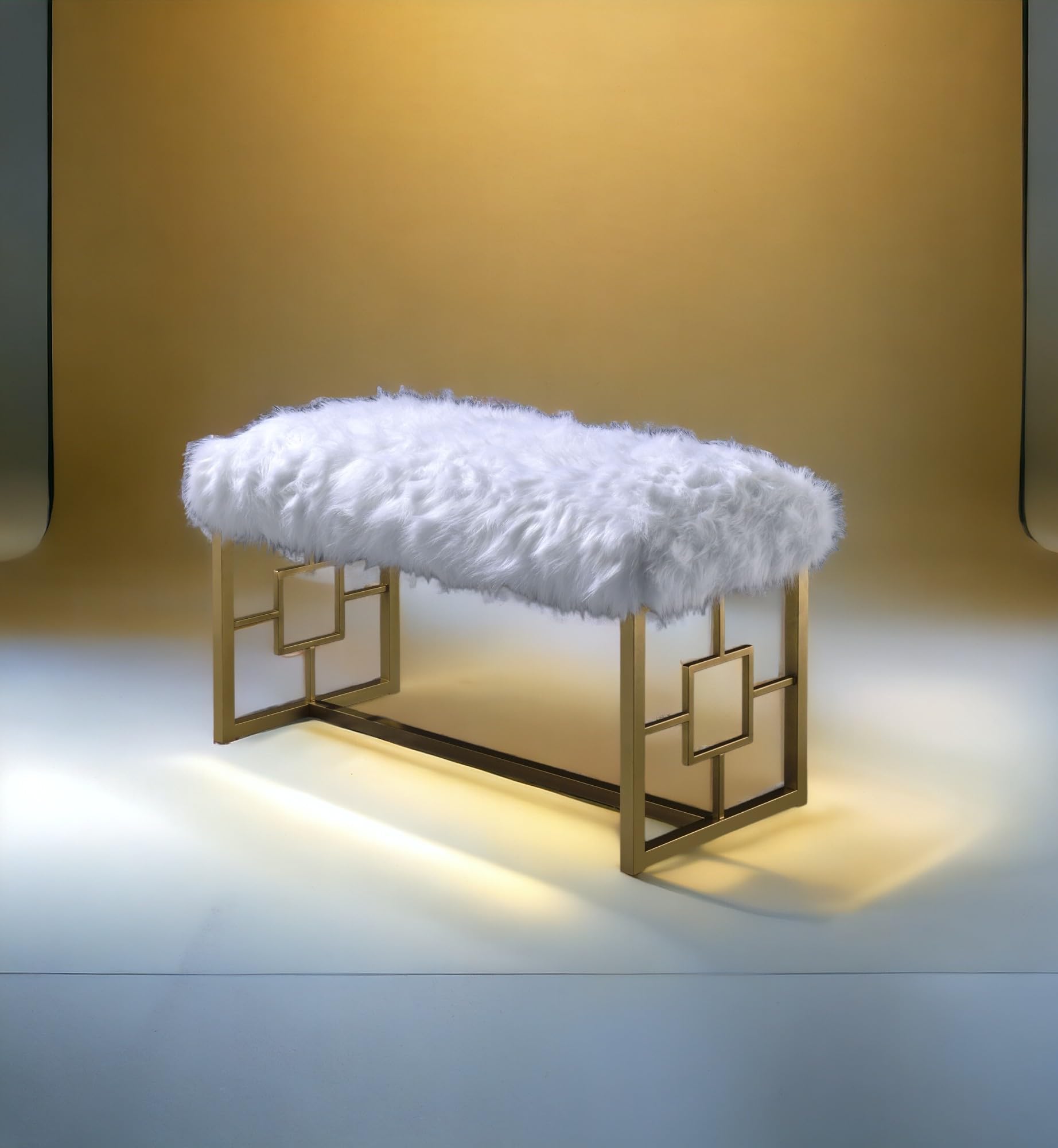 ROCKRAIN White Faux Fur Gold Bench: Modern Armless Lounge Seat - 21