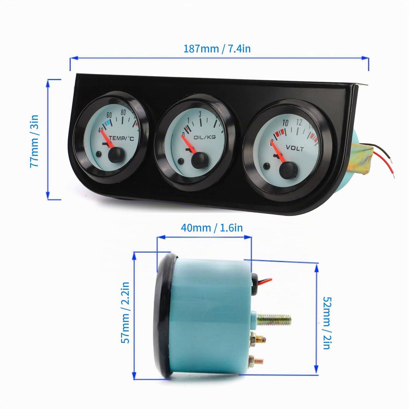 Kit Universel de Jauge Triple pour Voiture, Température de L'eau avec Volts et Compteur de Pression D'huile 52 Mm/5,1 Cm Instrument de Voiture Adapté à la Plupart des Cylindres 12 V 4/6/8 et Voiture à