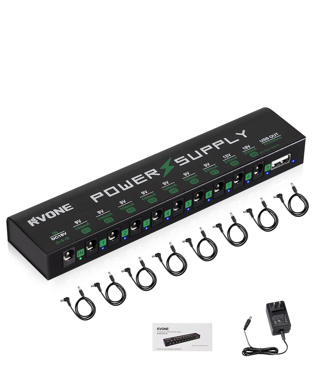 RVONE Guitar Pedal Power Supply, 10 Isolated DC Output for 9V/12V/18V Effect Pedal, Circuit Protection, Noise Reduction, 100mA 500mA USB Pedalboard Power Supply