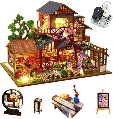 Casa de muñecas retro estilo japonés en miniatura con muebles, kit de casa de muñecas de madera con música, escala 124, sala creativa para
