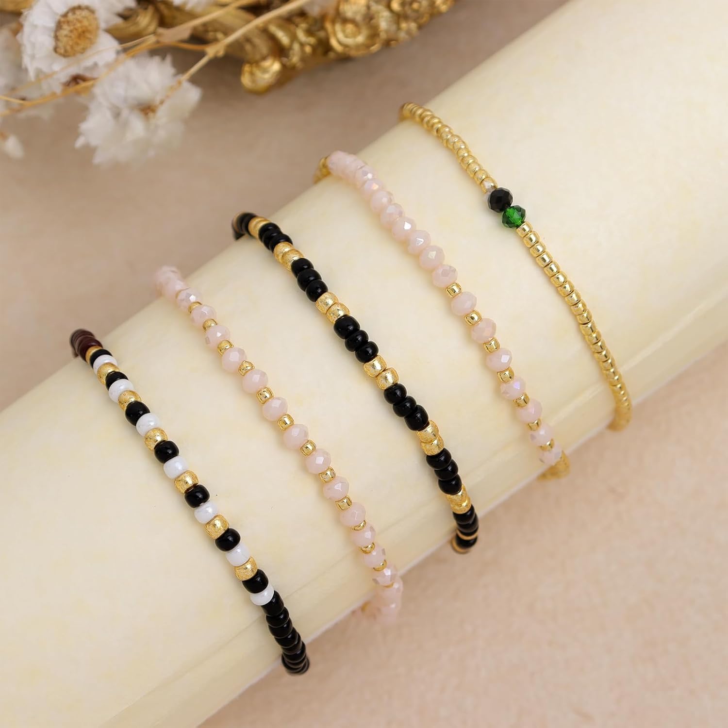 Gemstone Gold Beaded Bracelets Stack Set for Women, 5Pcs Trendy Boho Handmade Natural Stone Black Beads Stackable Stretch Bracelet Prom Holiday Jewelry Gift. - Image 4