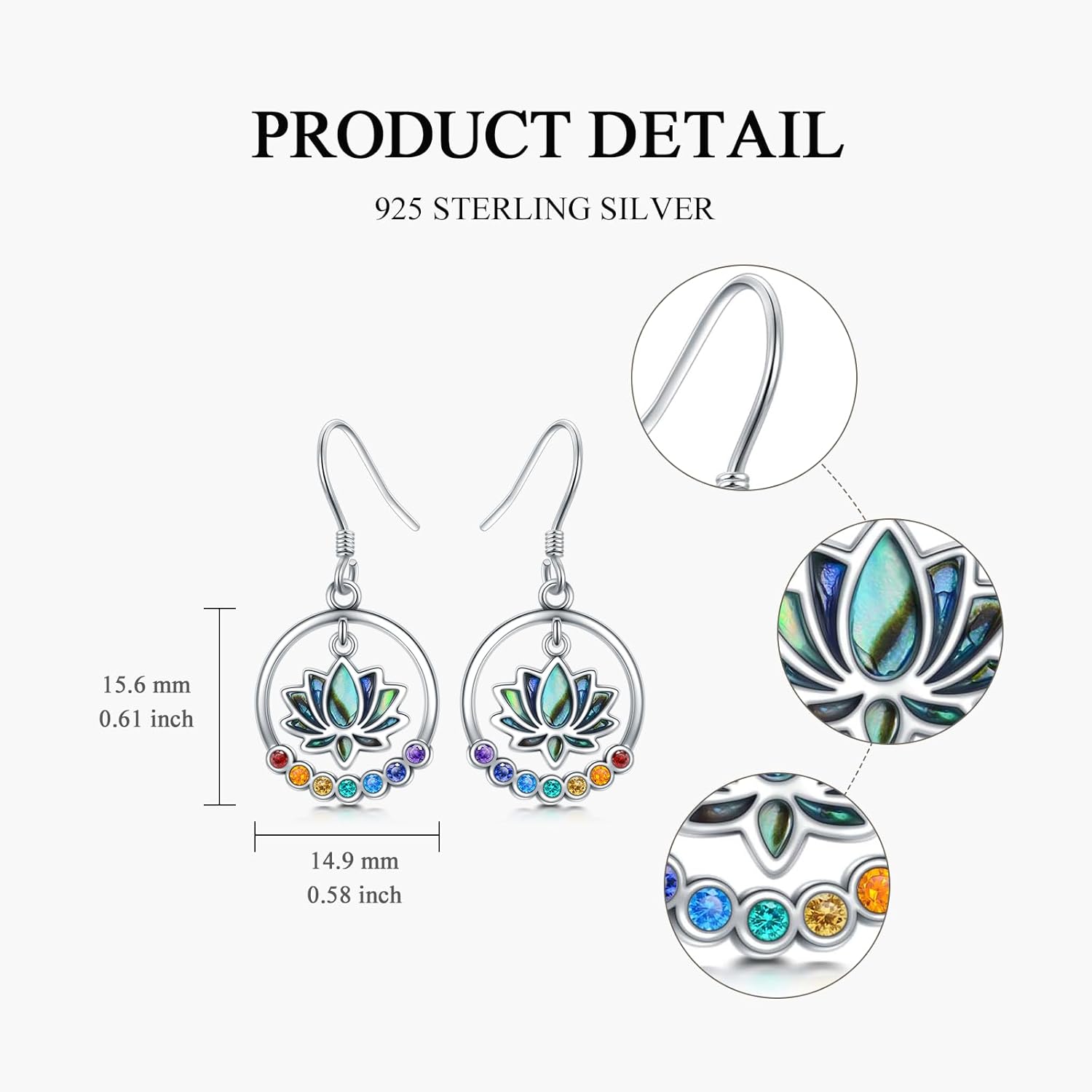 7 Chakra Lotus Earrings 925 Sterling Silver Lotus Flower Abalone Shell Dangle Earrings Yoga Lotus Jewelry Gifts for Women - Image 3