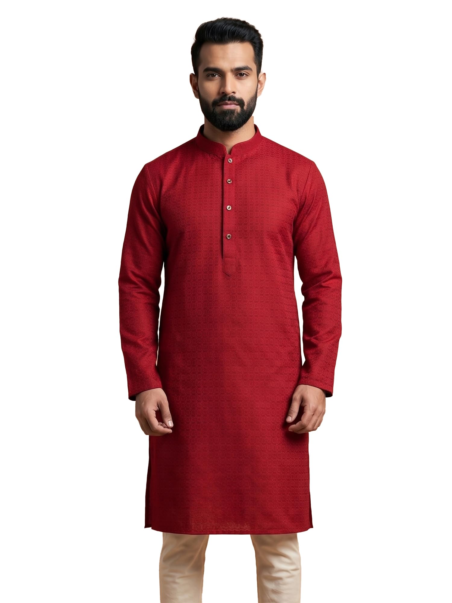 Men's Art Silk Blend Jacquard Kurta | Ethnic Collection | All-Over Self-Woven Texture | Self Design | Straight Fit | Mandarin Collar | Full Sleeve | Ethnic-picture-11