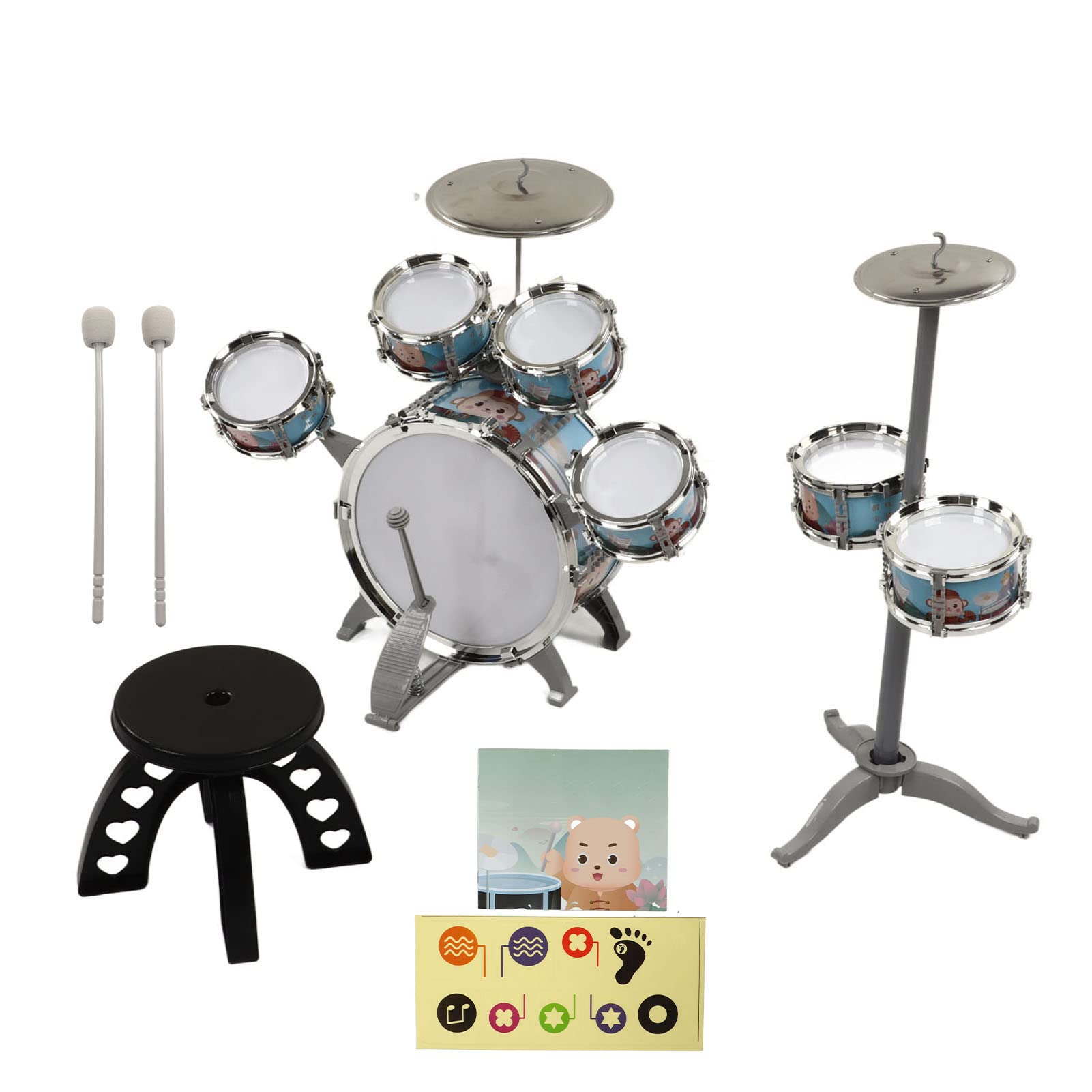 Set di Batteria Jazz per Bambini Kit Compatto per Principianti con Suono Forte per Bambini Dai 3 Anni in su con Sgabello