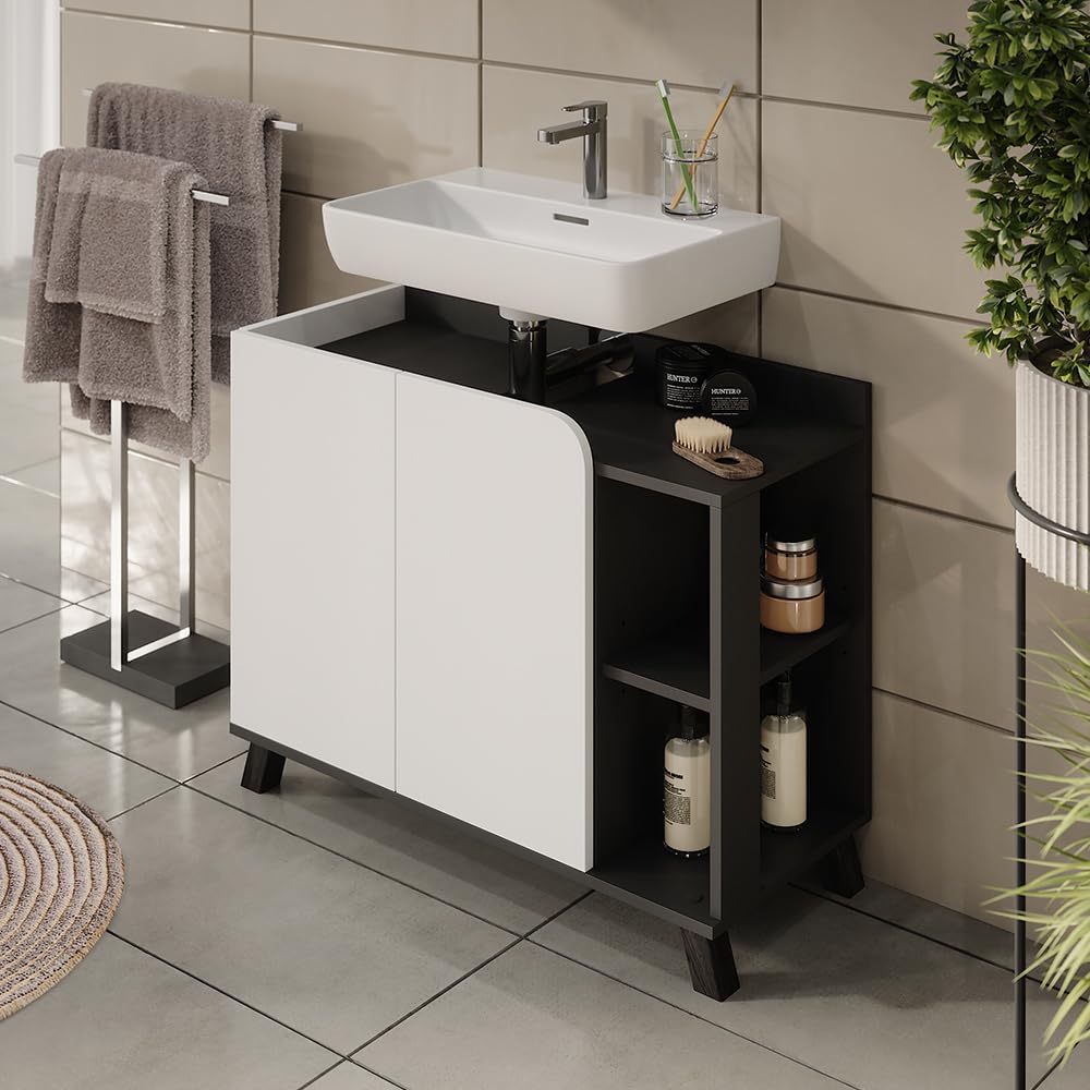 Vicco Mobiletto per lavabo Karen, Antracite/bianco, 80 x 65 cm con 2 porte, per una conservazione salvaspazio sotto il lavandino