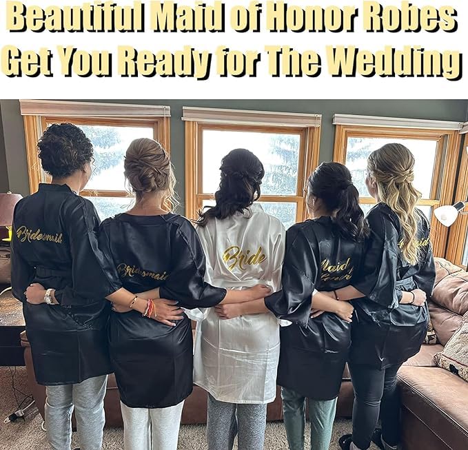 MSYU Lot de 6 robes kimono en satin noir et blanc pour demoiselles d'honneur pour mariage, demande en mariage et fête