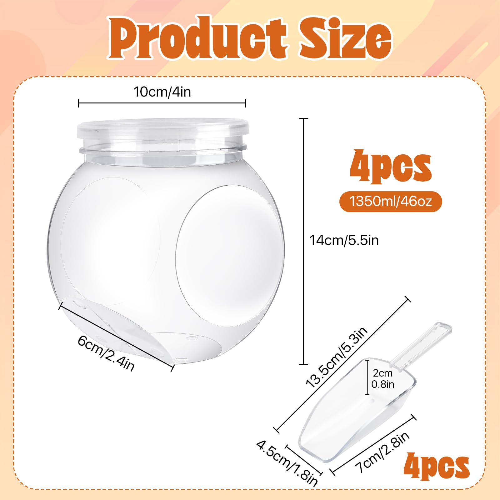 Akamino 4 Sets Plastic Candy Jar with Lid, 46 Oz Clear Candy Containers with Plastic Scoop,Decorative Cookie Jar Dry Food Storage for Snacks CandyBuffet, Kitchen Counter,Party Table