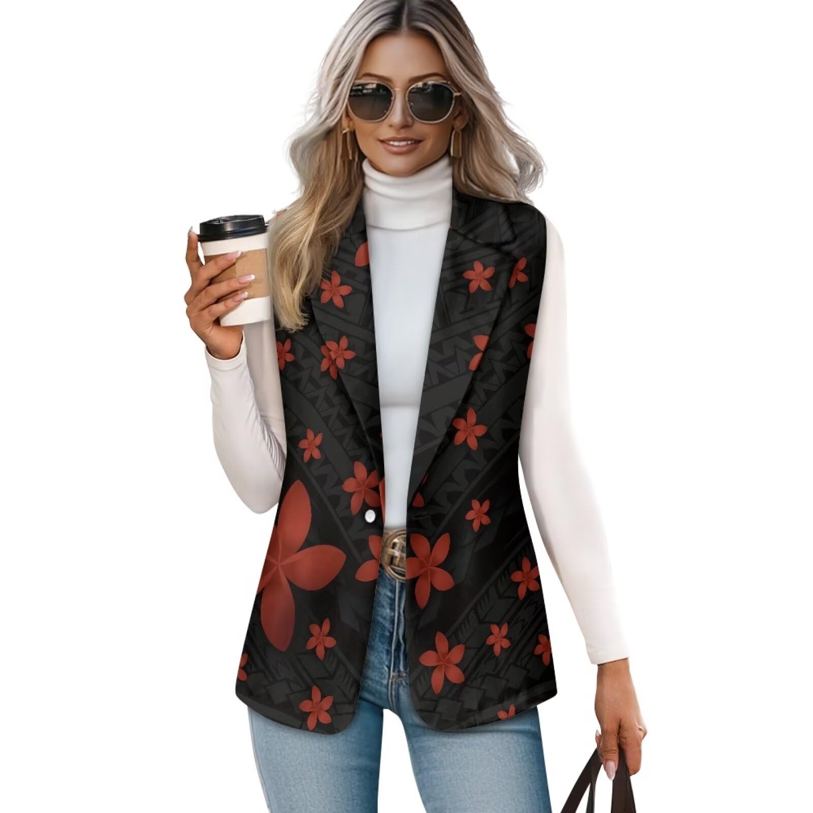 Womens Polynesian Suit Vest Casual Sleeveless Blazer Business Waistcoat Polynesian Hawaiian Samoan Tropic Print