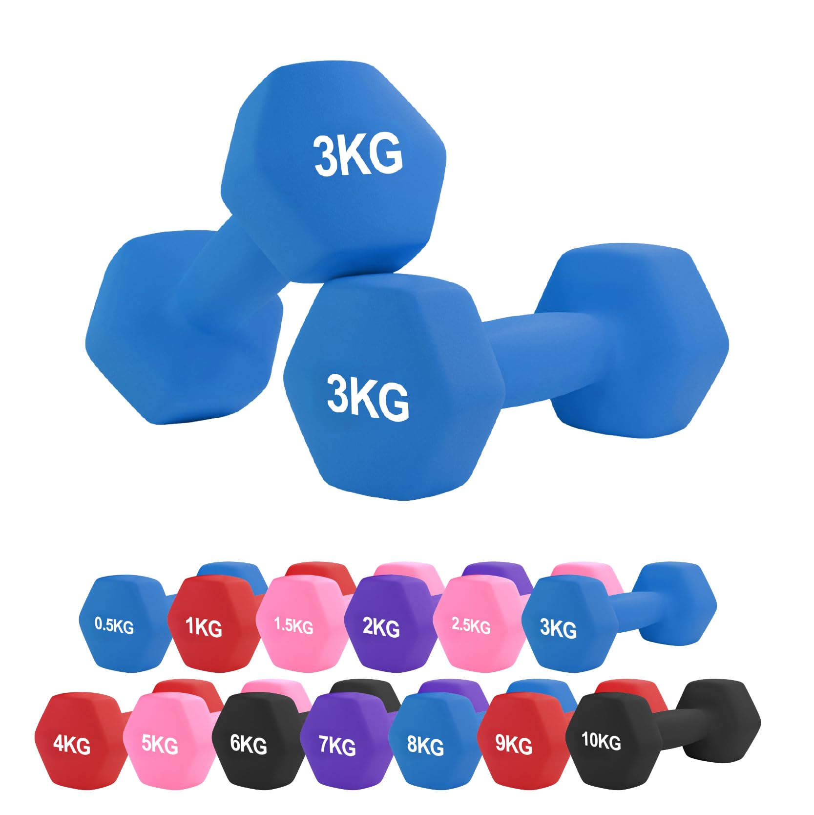 Neoprene Dumbbell – Cast Iron Core Hex Shape Hand Weight with Anti-Slip Grip, Durable Rubber Coating for Strength Training, Home Gym, Fitness & Aerobic Exercise (0.5-10 kg) (3Kg Pair-Blue)
