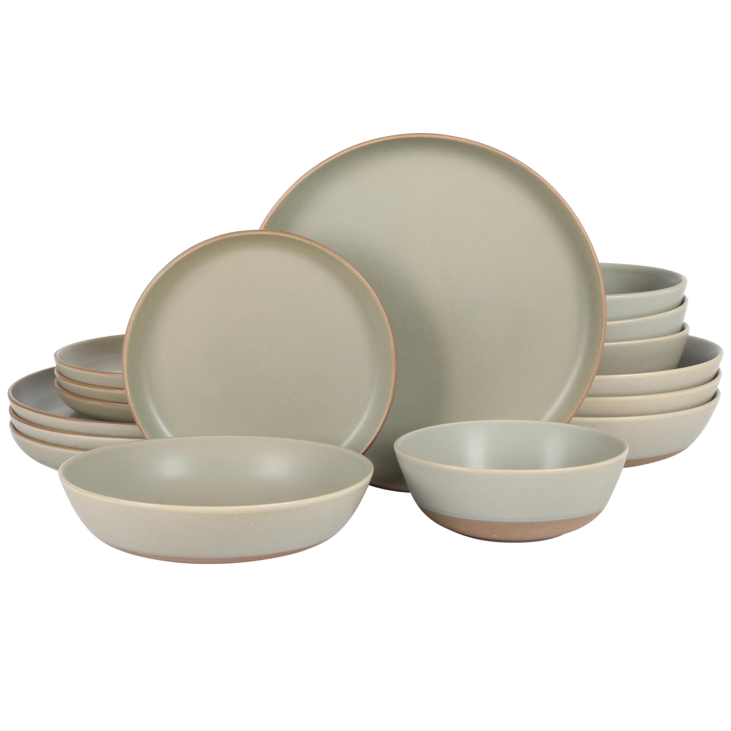 Gibson Elite Laguna Bliss 16 Piece Stoneware Reactive Glaze (Service for 4) Ceramic Plates and Bowls Dinnerware Set - Matte Green W/Terracotta Bottom