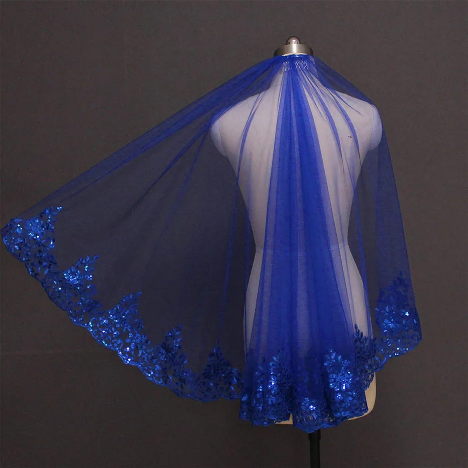 Brautschleier Blauer Bling Pailletten Spitze Kurzer Brautschleier Eine Schicht Schöner Hochzeitsschleier Hochzeit Braut Zubehör(75cm)